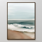 Coastal Whisper Abstract Canvas Art: A framed, minimalist wall art featuring soft, muted hues of gentle waves and sandy shores beneath a cloudy sky—perfect for bringing calm and peaceful decor to your living room.