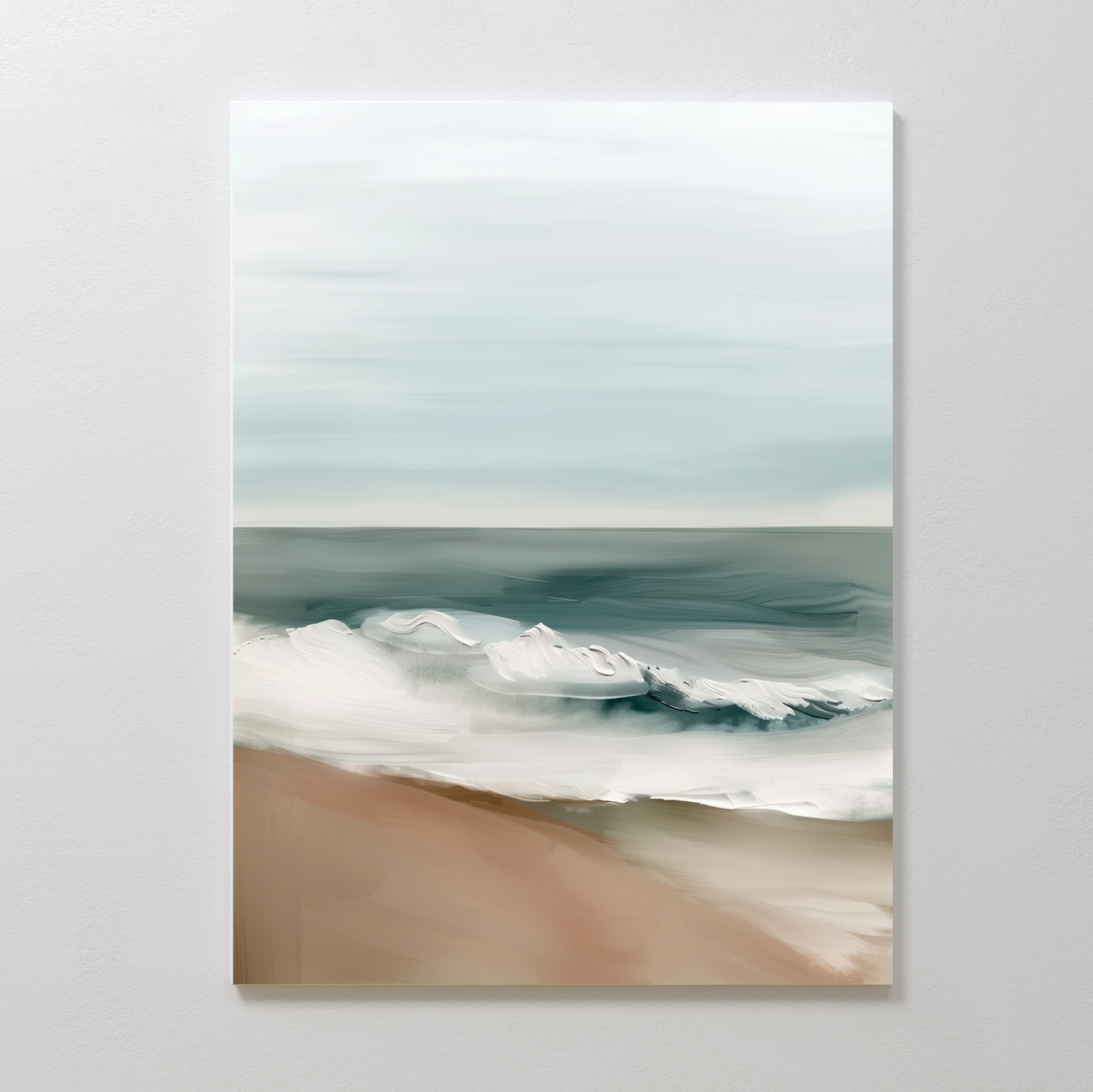 Coastal Whisper Abstract Canvas Art features a calm beach scene with soft waves and a cloudy sky in muted blue, white, and sandy brown tones. Its smooth, abstract brushstrokes make it ideal minimalist wall art for living room décor.