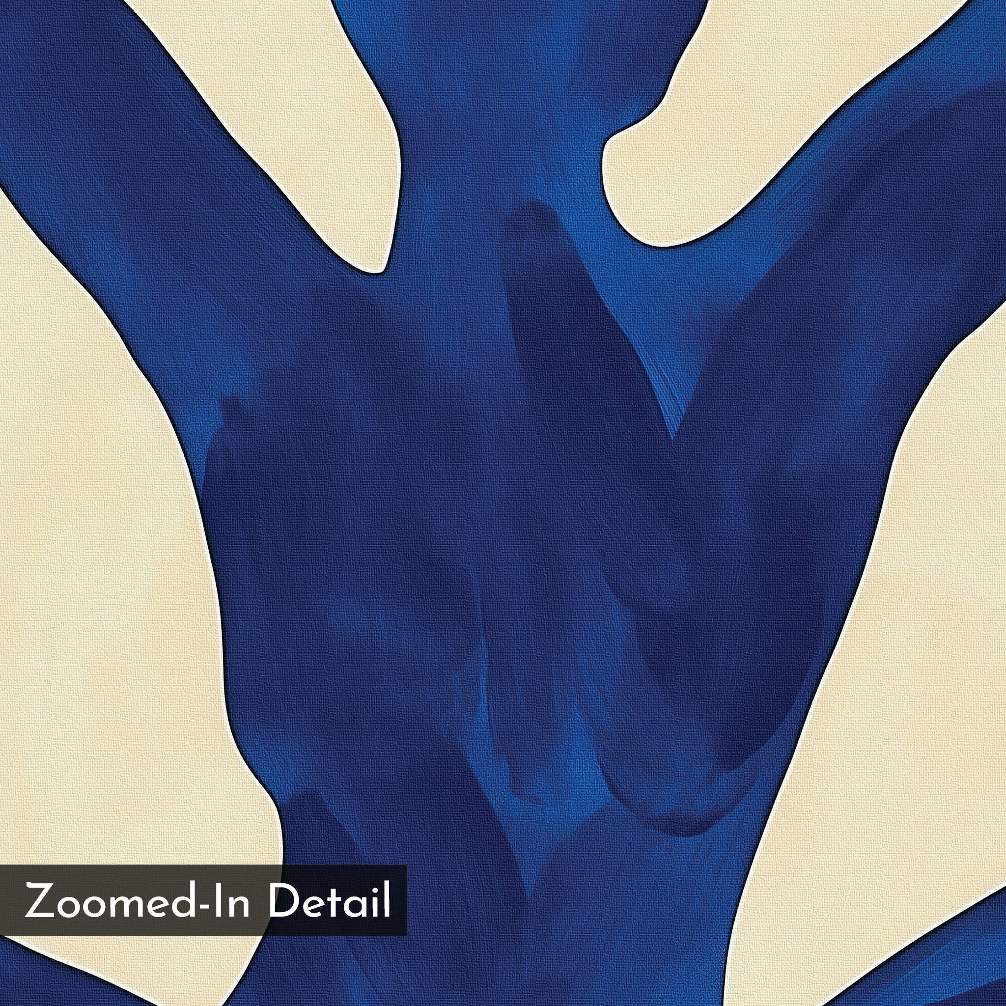 Cobalt Figure Canvas Art features deep blue brushstrokes forming a human-like silhouette on a beige background, creating striking modern wall decor. "Zoomed-In Detail" text appears in the lower left corner.