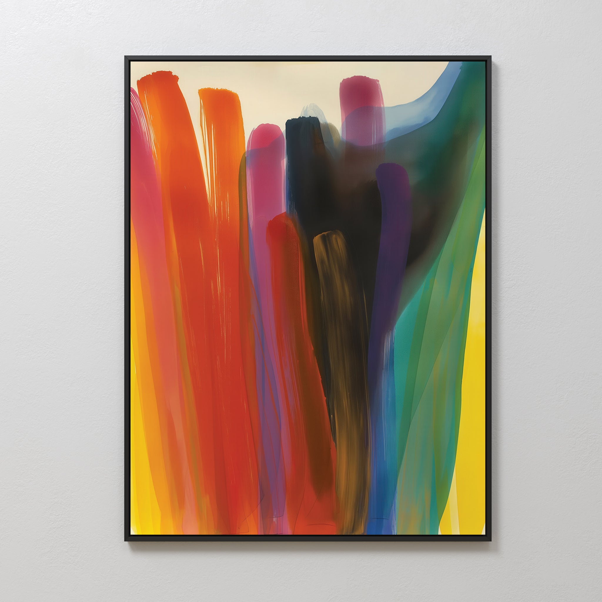 Color Cascade Abstract Canvas Art features bold, vertical brushstrokes in red, orange, yellow, blue, green, purple, and black on a light background. Framed in black and displayed on a light wall, its a striking piece of colorful wall art.