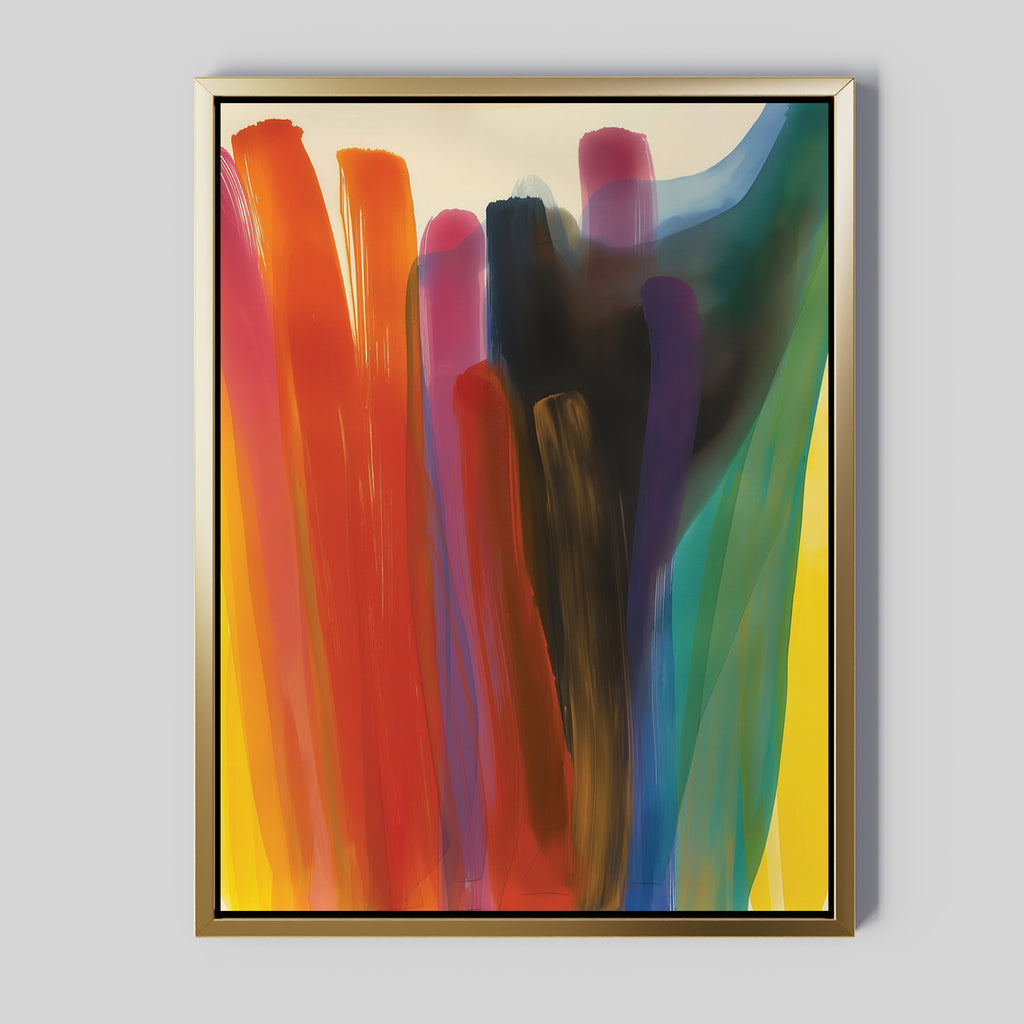 The Color Cascade Abstract Canvas Art features bold vertical brush strokes in red, orange, blue, purple, black, and green on a yellow background with a gold frame—an eye-catching piece for any light gray wall.