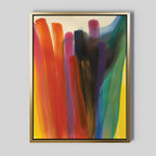 The Color Cascade Abstract Canvas Art features bold vertical brush strokes in red, orange, blue, purple, black, and green on a yellow background with a gold frame—an eye-catching piece for any light gray wall.