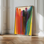 The Color Cascade Abstract Canvas Art, featuring vibrant vertical streaks, leans against a white paneled wall on a wooden herringbone floor in a bright, elegant room.