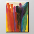 Color Cascade Abstract Canvas Art showcases bold vertical brushstrokes in vibrant red, orange, purple, blue, black, green, and yellow hues. This large abstract piece comes framed in sleek black and adds vivid energy to any light-toned wall.