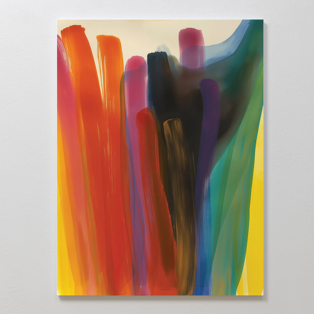 Color Cascade Abstract Canvas Art showcases wide, vertical brushstrokes in bold red, orange, purple, green, blue, and yellow tones on a light background—an eye-catching abstract piece ideal for adding vibrant color to any space.