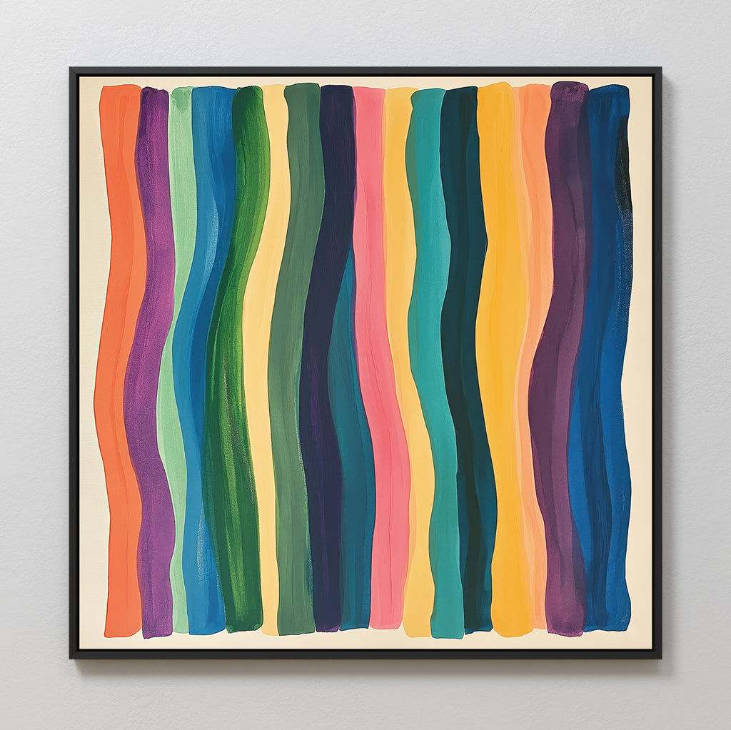 Color Flow Canvas Art showcases vertical wavy stripes in orange, blue, green, yellow, and pink on a cream background with a black frame—ideal as distinctive living room wall decor.