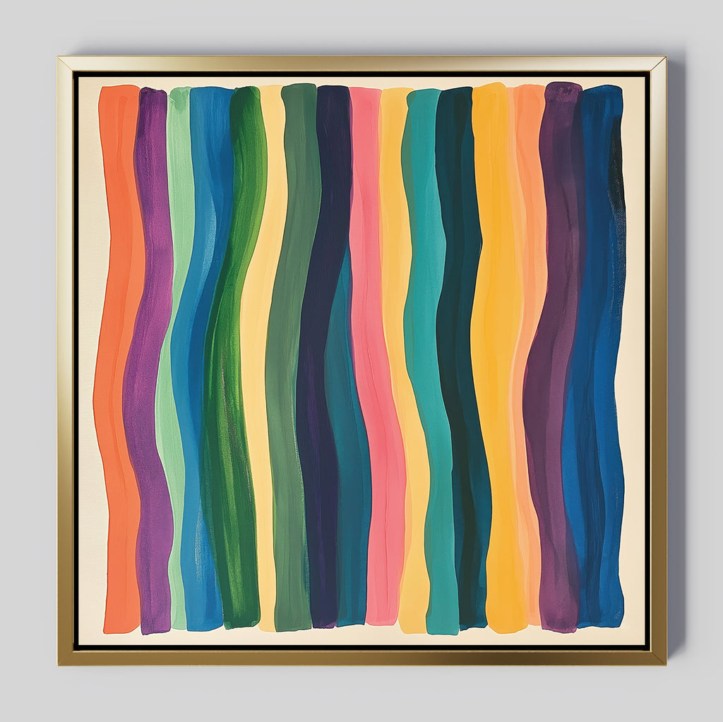 Color Flow Canvas Art: Framed abstract wall art with vertical, wavy stripes in orange, green, blue, teal, pink, yellow, and purple on a neutral background—ideal for brightening your living room decor.