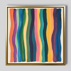 Color Flow Canvas Art: Framed abstract wall art with vertical, wavy stripes in orange, green, blue, teal, pink, yellow, and purple on a neutral background—ideal for brightening your living room decor.