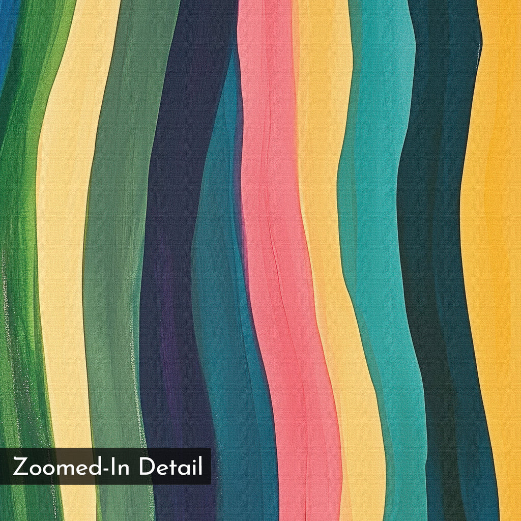 A close-up of wavy, vertical green, yellow, blue, pink, and teal stripes—resembling painted brushstrokes—features on the Color Flow Canvas Art. "Zoomed-In Detail" appears in a black box at the lower left. Perfect as abstract wall art.