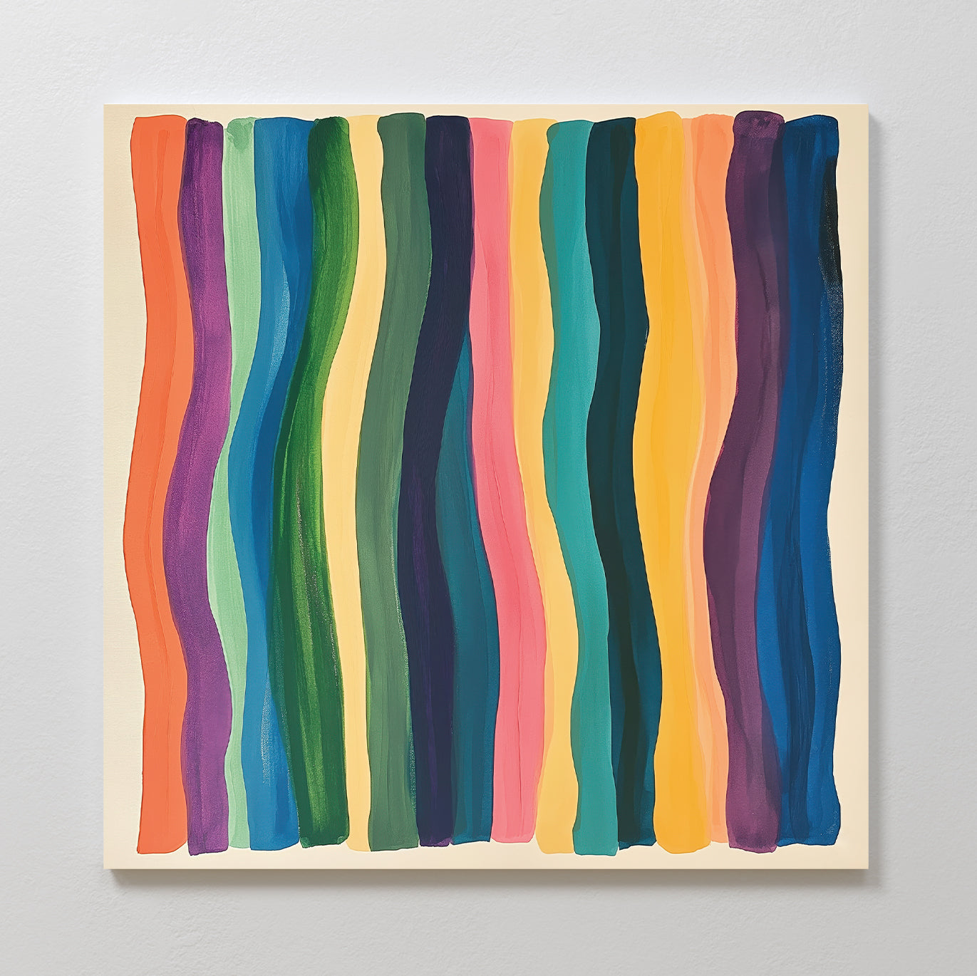 Color Flow Canvas Art features vertical, wavy stripes in orange, purple, blue, green, pink, and yellow on a light beige background. This abstract piece brings a vibrant flow to modern living room décor.