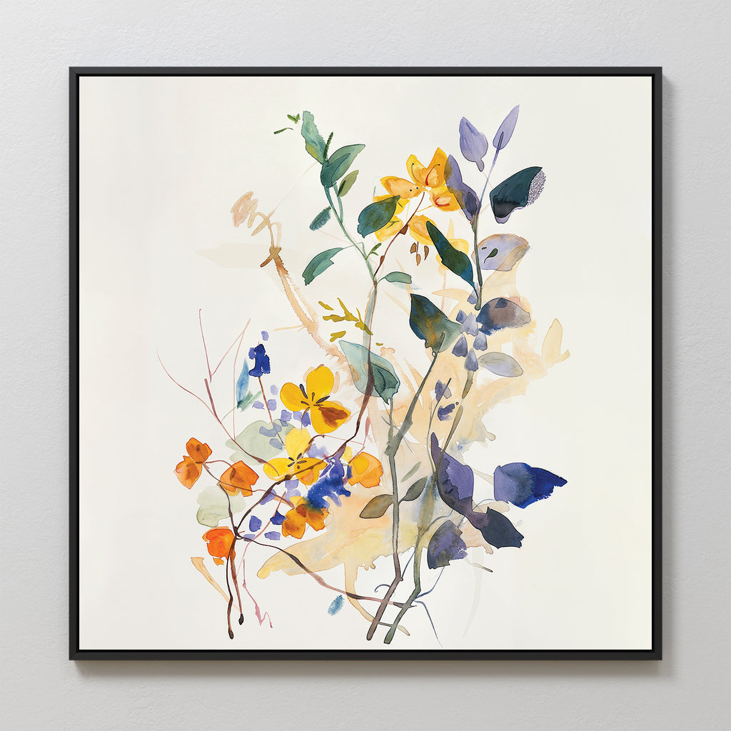 The Colorful Branches Canvas Art features delicate watercolor flowers and leaves in yellow, orange, purple, blue, and green on a light background—modern abstract wall art perfect for adding flair to your living room decor.