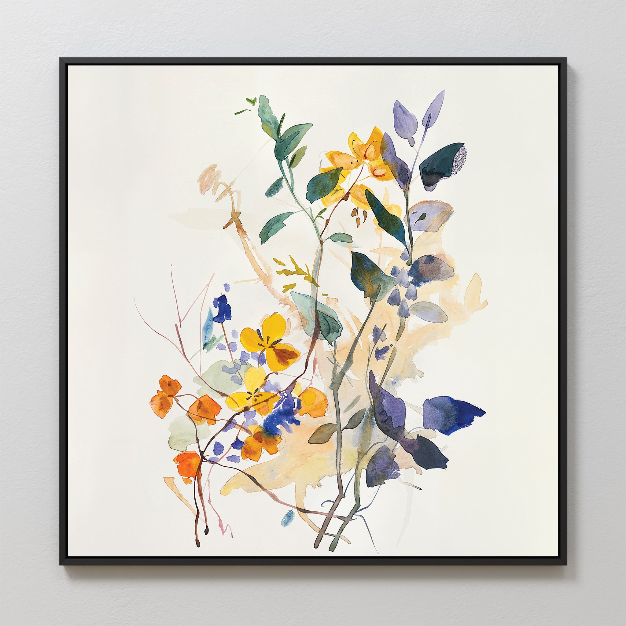 The Colorful Branches Canvas Art features delicate watercolor flowers and leaves in yellow, orange, purple, blue, and green on a light background—modern abstract wall art perfect for adding flair to your living room decor.
