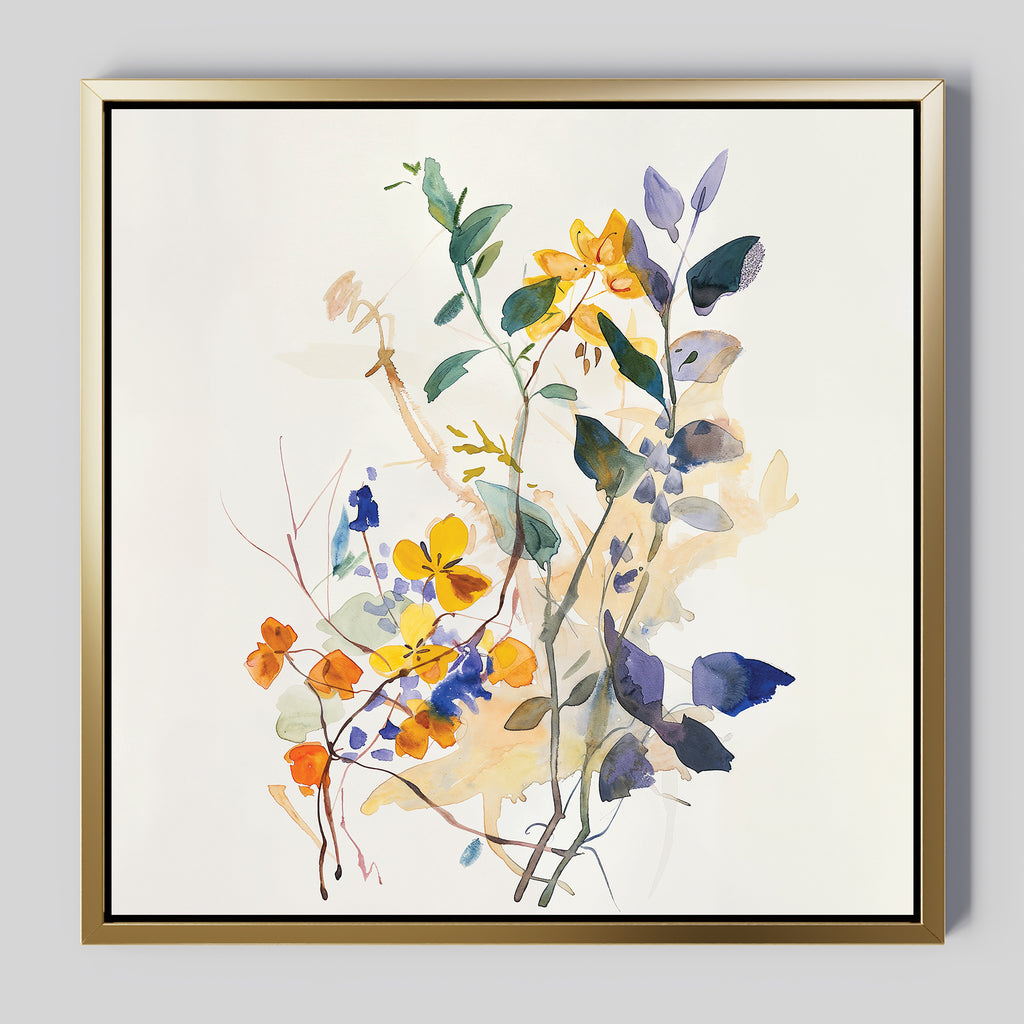 Colorful Branches Canvas Art features delicate wildflowers in yellow, orange, blue, and green with loose brushstrokes on a white background in a modern gold frame—perfect wall art for your living room decor.