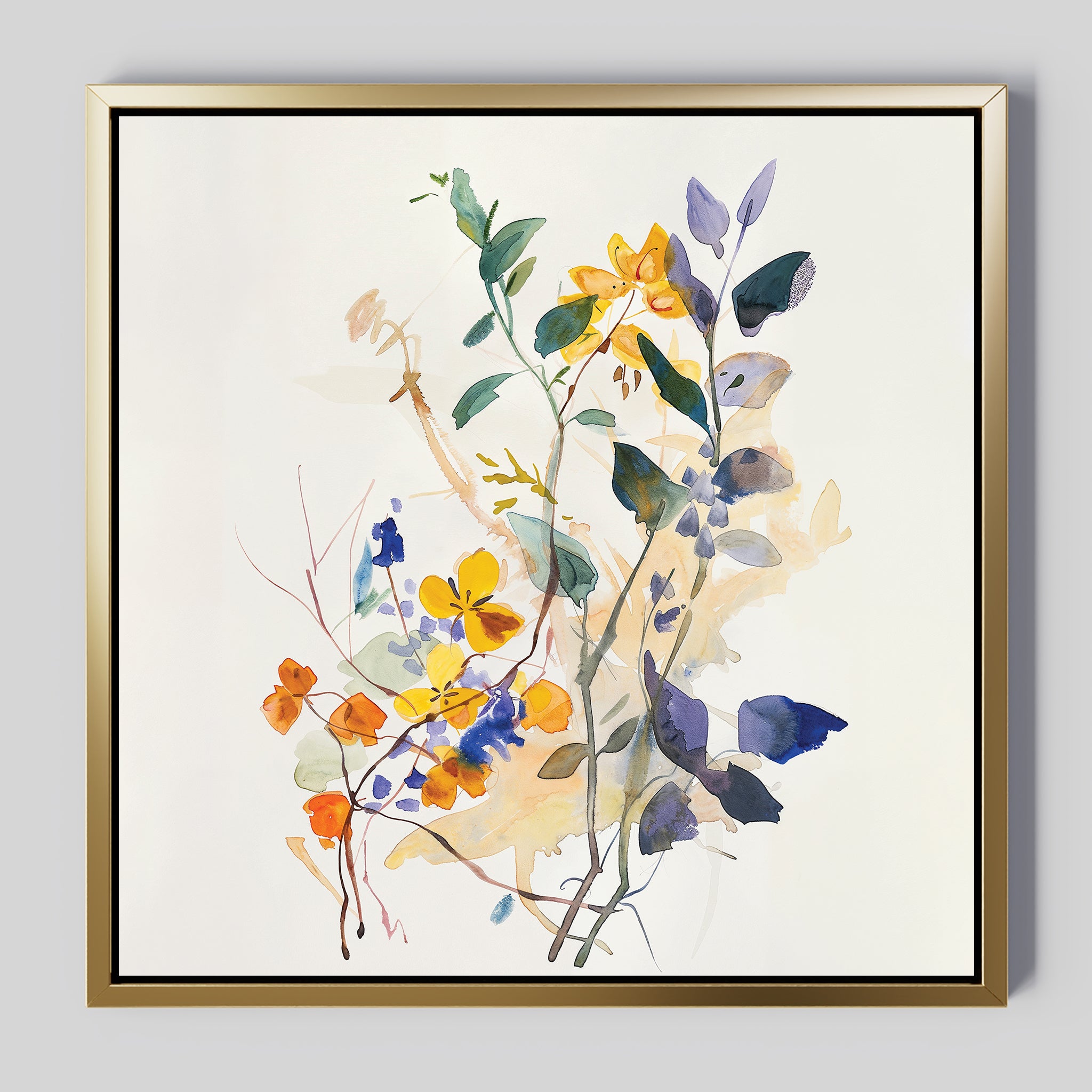 Colorful Branches Canvas Art features delicate wildflowers in yellow, orange, blue, and green with loose brushstrokes on a white background in a modern gold frame—perfect wall art for your living room decor.