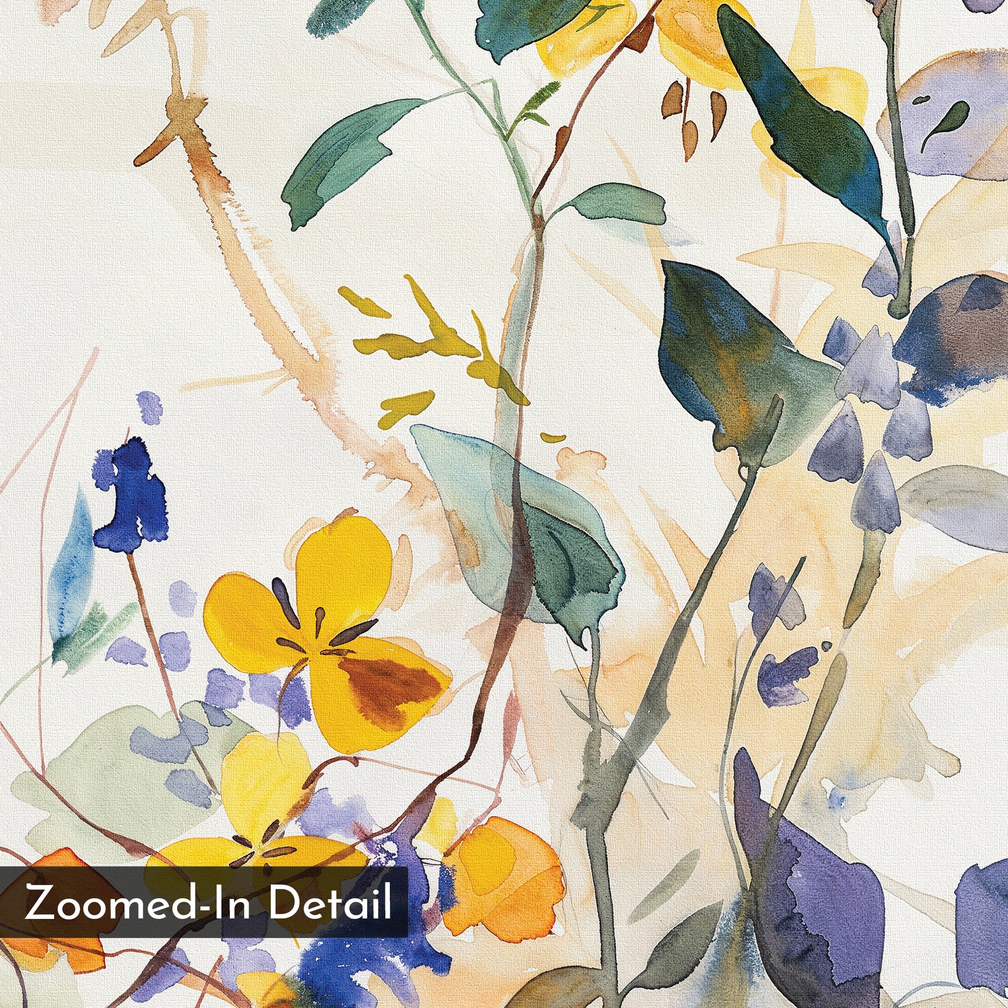 Colorful Branches Canvas Art features watercolor wildflowers in yellow, blue, and purple with green leaves. Its abstract, loose style and overlapping colors create modern wall art perfect for stylish living room decor. Text: Zoomed-In Detail.