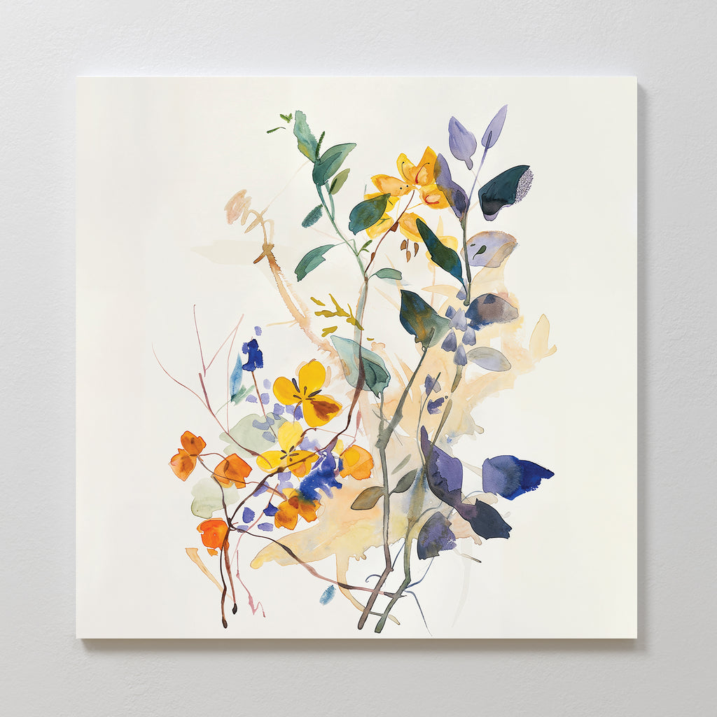 Colorful Branches Canvas Art features delicate wildflowers and leaves in yellow, orange, blue, green, and purple on a white background—perfect modern wall art for your living room decor.