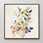 The Colorful Branches Canvas Art features delicate wildflowers in yellow, orange, blue, and green on a white background, bringing a light, airy feel and modern style to your living room with its soft, blended watercolor brushstrokes.