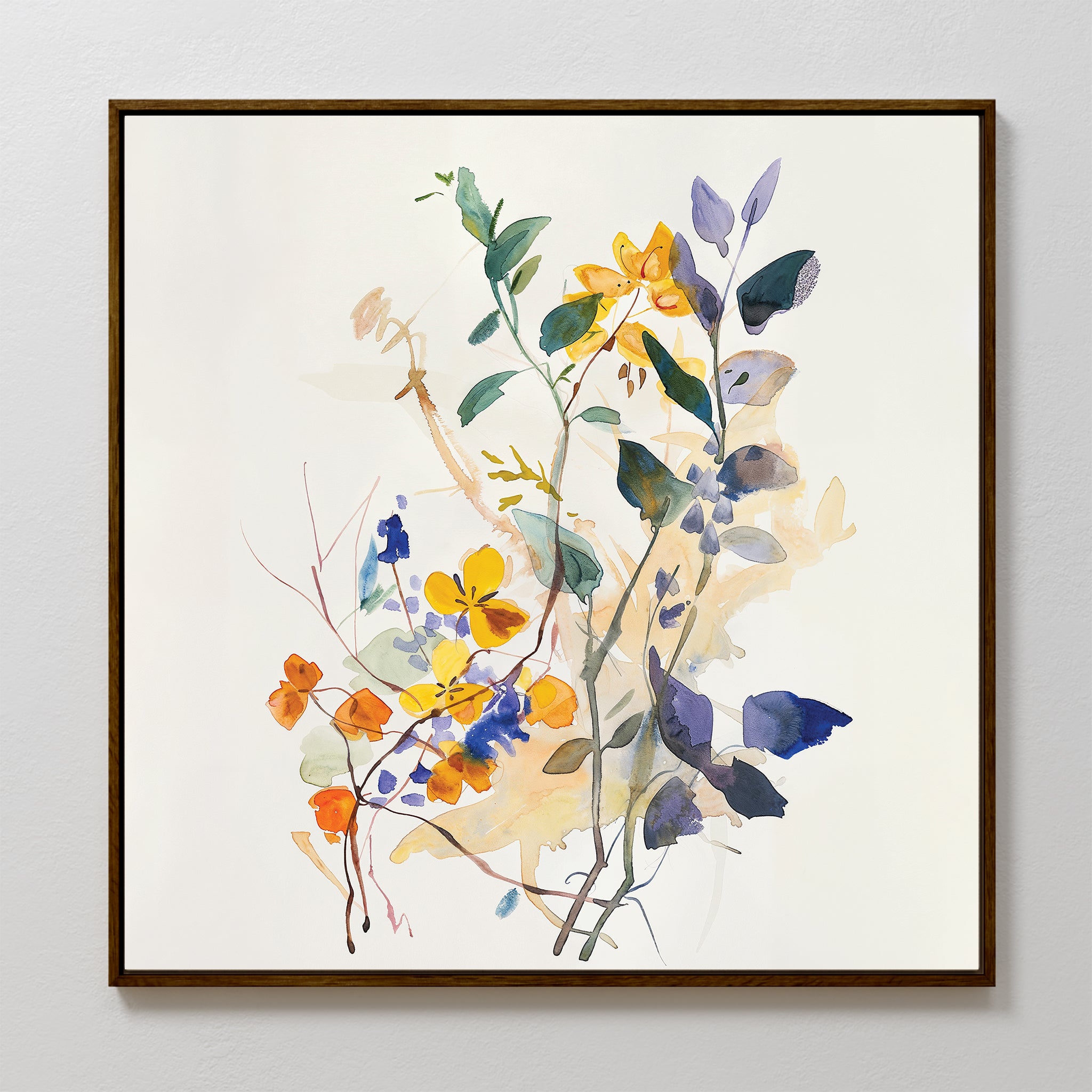The Colorful Branches Canvas Art features delicate wildflowers in yellow, orange, blue, and green on a white background, bringing a light, airy feel and modern style to your living room with its soft, blended watercolor brushstrokes.
