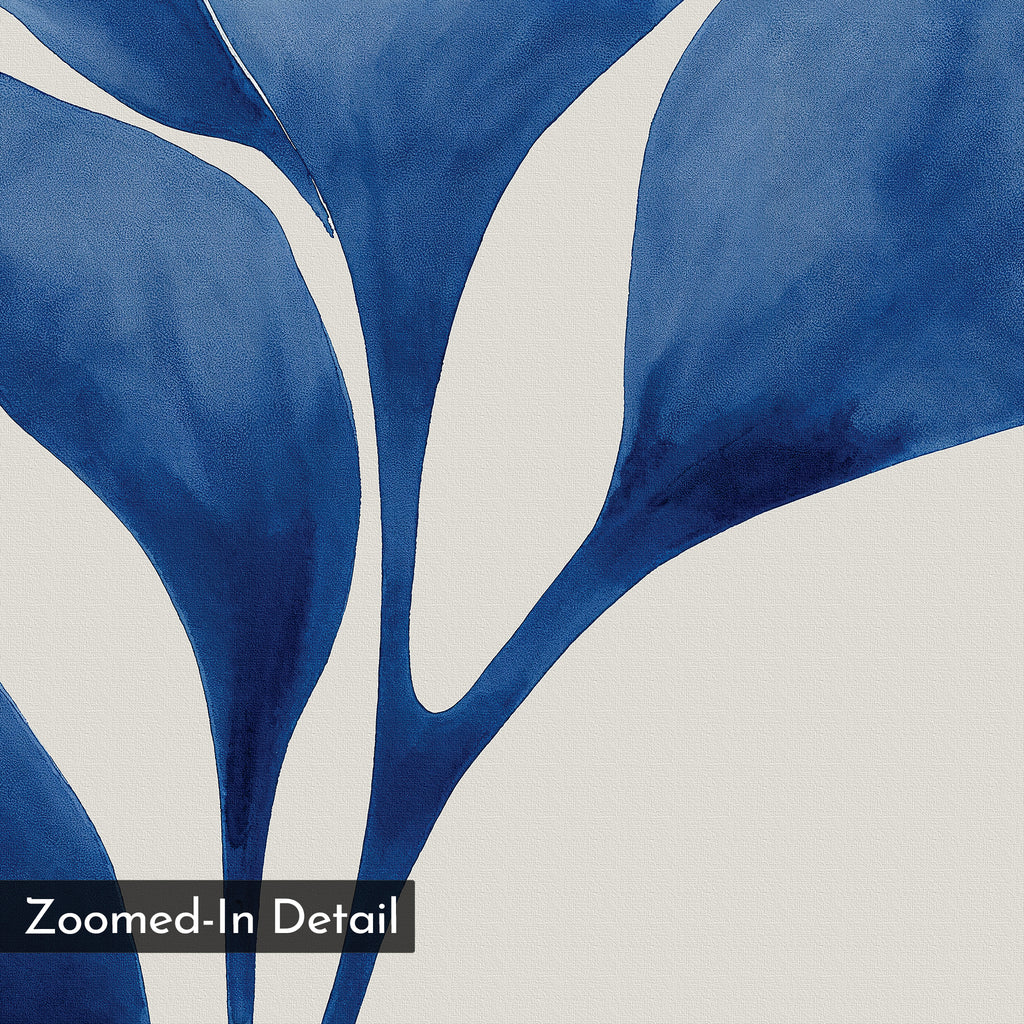 Close-up of Cool Tangle Canvas Art, showcasing bold, overlapping blue leaves on a light textured background with “Zoomed-In Detail” in a black box—perfect for modern minimalist wall decor.