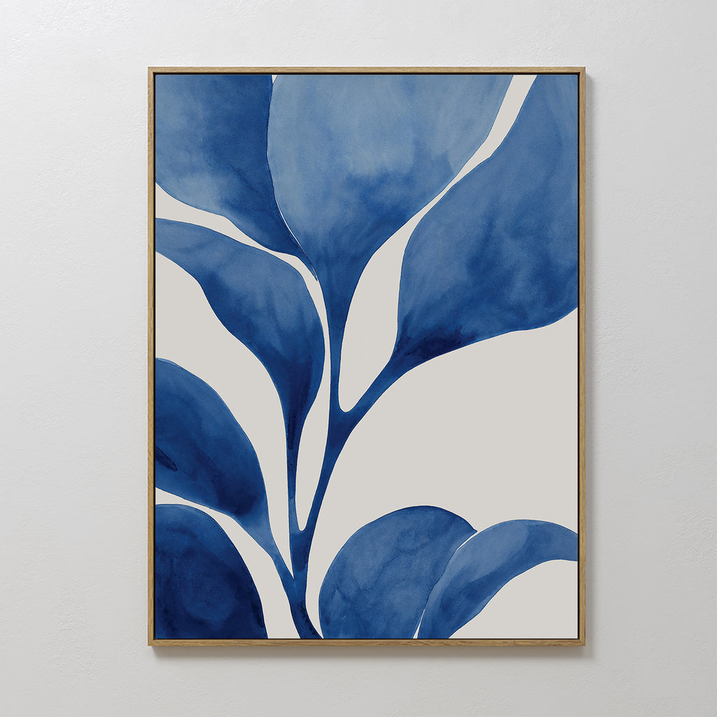 Cool Tangle Canvas Art features abstract, overlapping blue leaves with soft edges on a white background, offering a minimalist and modern wall art accent.