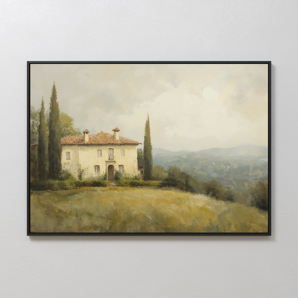 Country Villa Canvas Art features a rustic house with a red-tiled roof, tall cypress trees, and a grassy hill overlooking a hazy landscape—ideal rustic or country villa wall art for your living room decor.