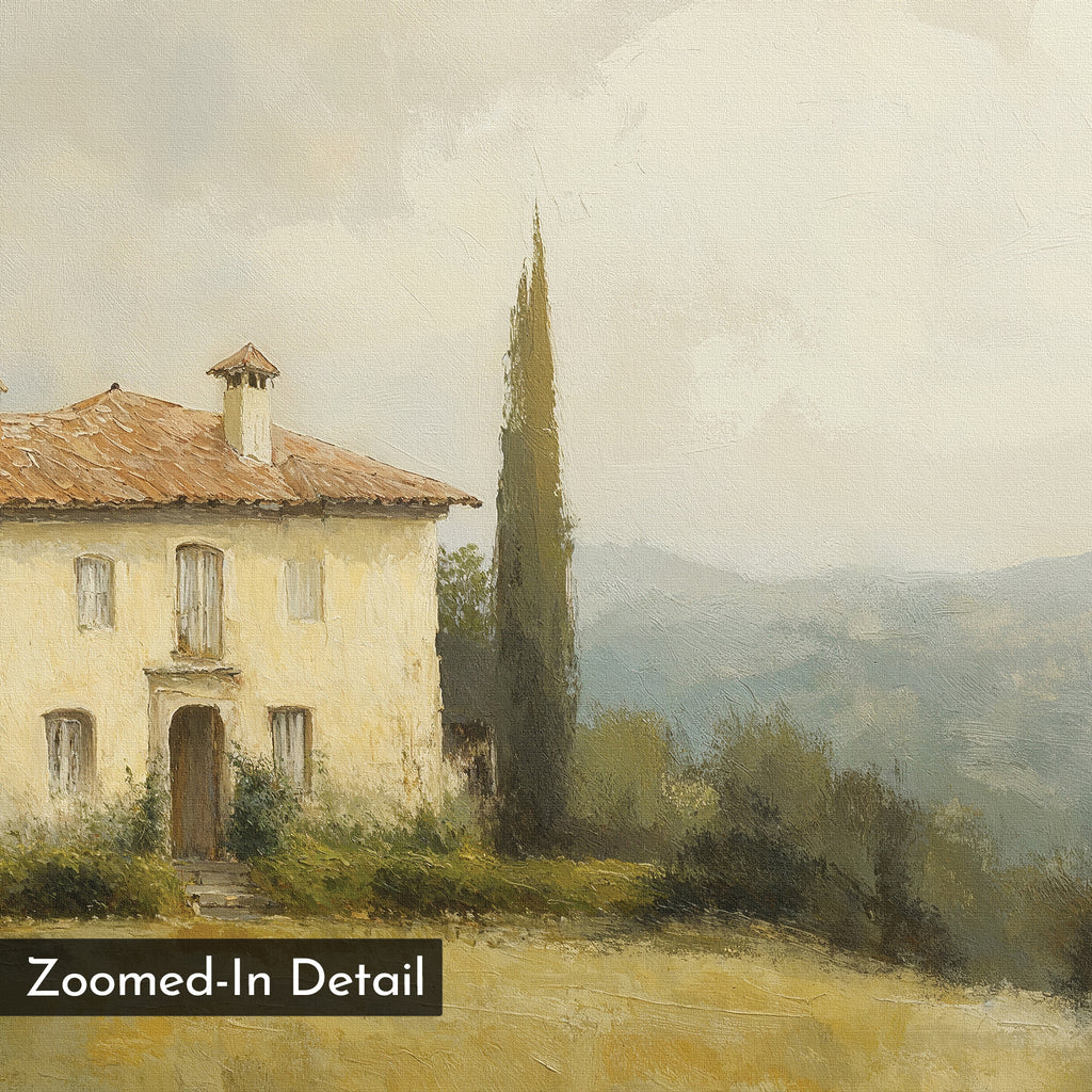 Country Villa Canvas Art features a rustic house with a red-tiled roof, cypress trees, and distant hills under a cloudy sky—ideal rustic wall decor. “Zoomed-In Detail” appears in the lower left corner.