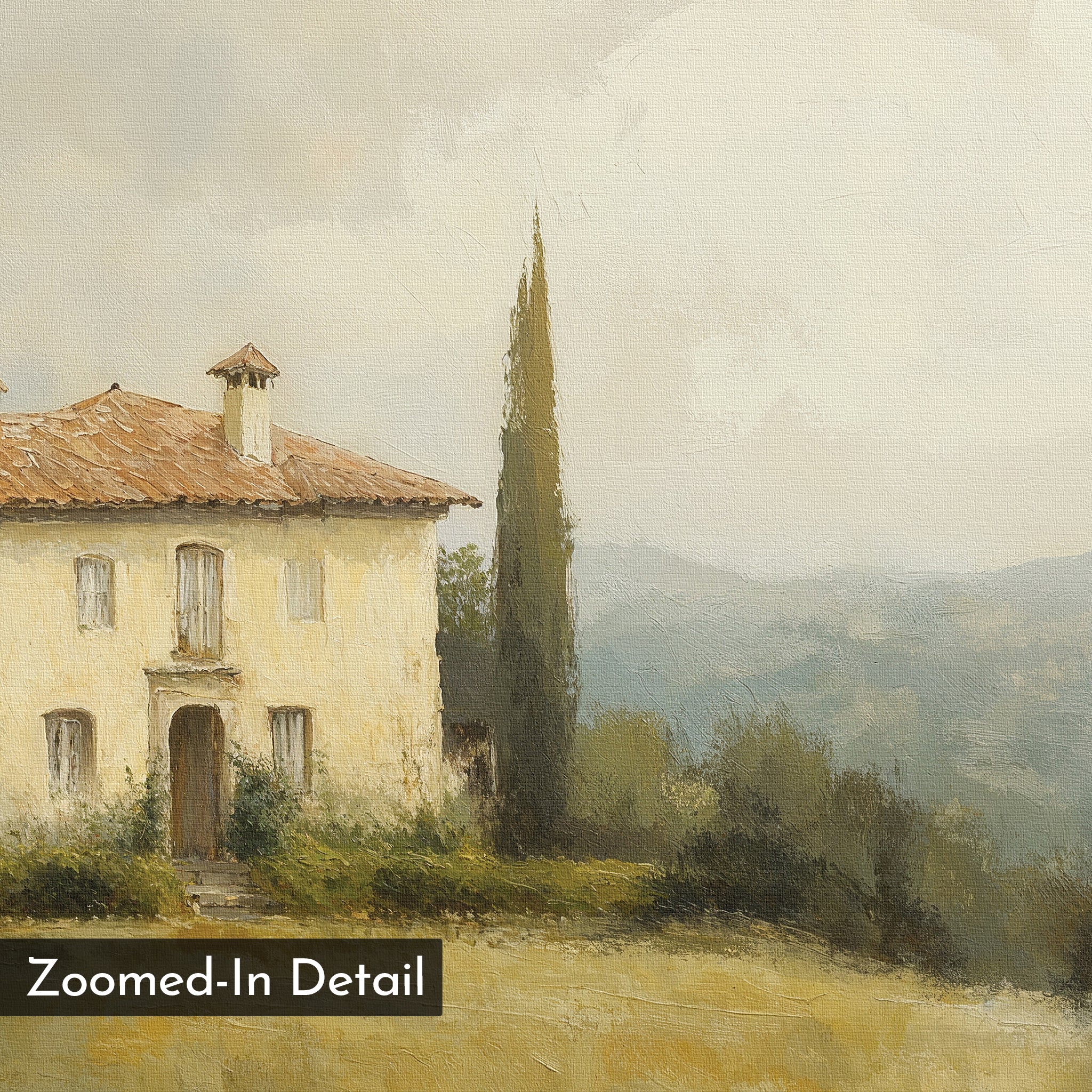 Country Villa Canvas Art features a rustic house with a red-tiled roof, cypress trees, and distant hills under a cloudy sky—ideal rustic wall decor. “Zoomed-In Detail” appears in the lower left corner.