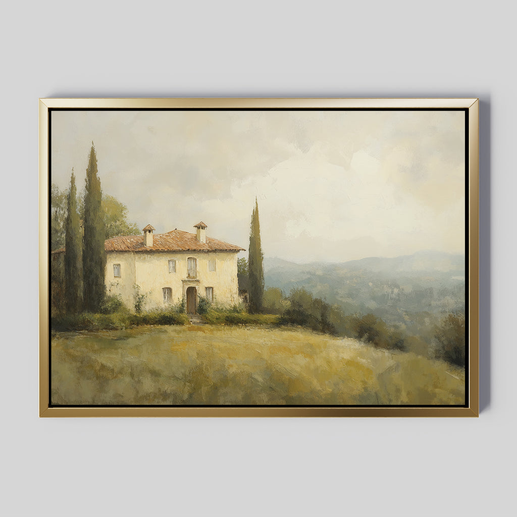 The Country Villa Canvas Art features a rustic house with a red-tiled roof and cypress trees on a grassy hill, overlooking rolling landscapes beneath a cloudy sky—ideal rustic wall decor to enhance your living room.