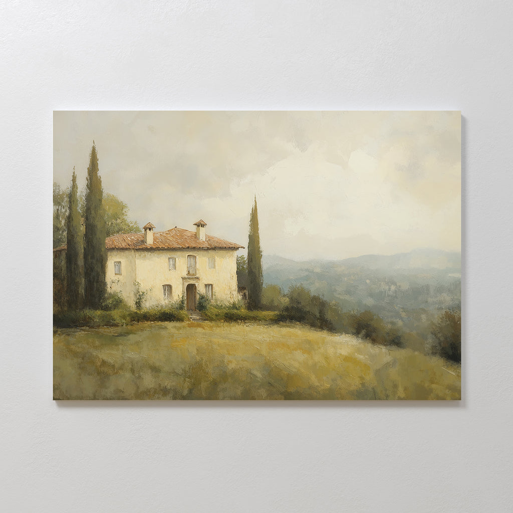 Bring countryside charm to your living room with the Country Villa Canvas Art, featuring a rustic house with a red-tiled roof and cypress trees on a grassy hill—a perfect rustic wall art accent.