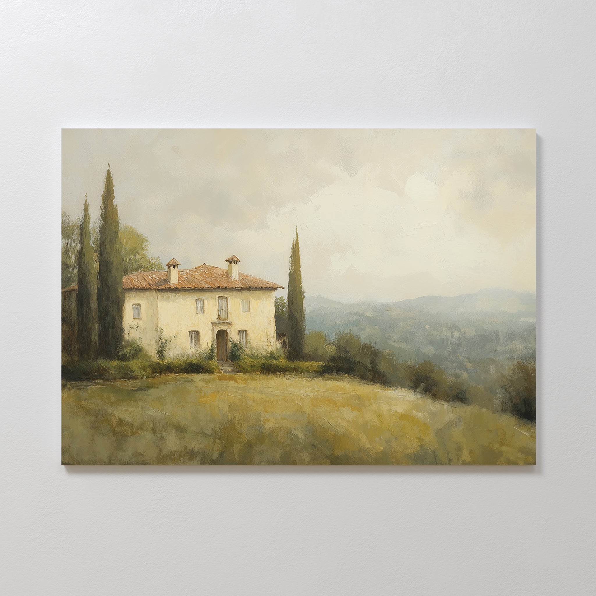 Bring countryside charm to your living room with the Country Villa Canvas Art, featuring a rustic house with a red-tiled roof and cypress trees on a grassy hill—a perfect rustic wall art accent.