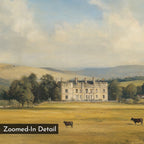 Countryside Dream Canvas Art features a historic stone mansion in a grassy field with cows, surrounded by trees and rolling hills under a partly cloudy sky—ideal vintage wall decor. Text label: “Zoomed-In Detail.”.