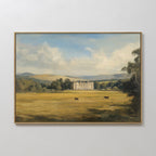 Countryside Dream Canvas Art: a framed canvas print featuring a grand manor house in a grassy field with cows, trees, and rolling hills beneath a partly cloudy sky—ideal for countryside-inspired decor.