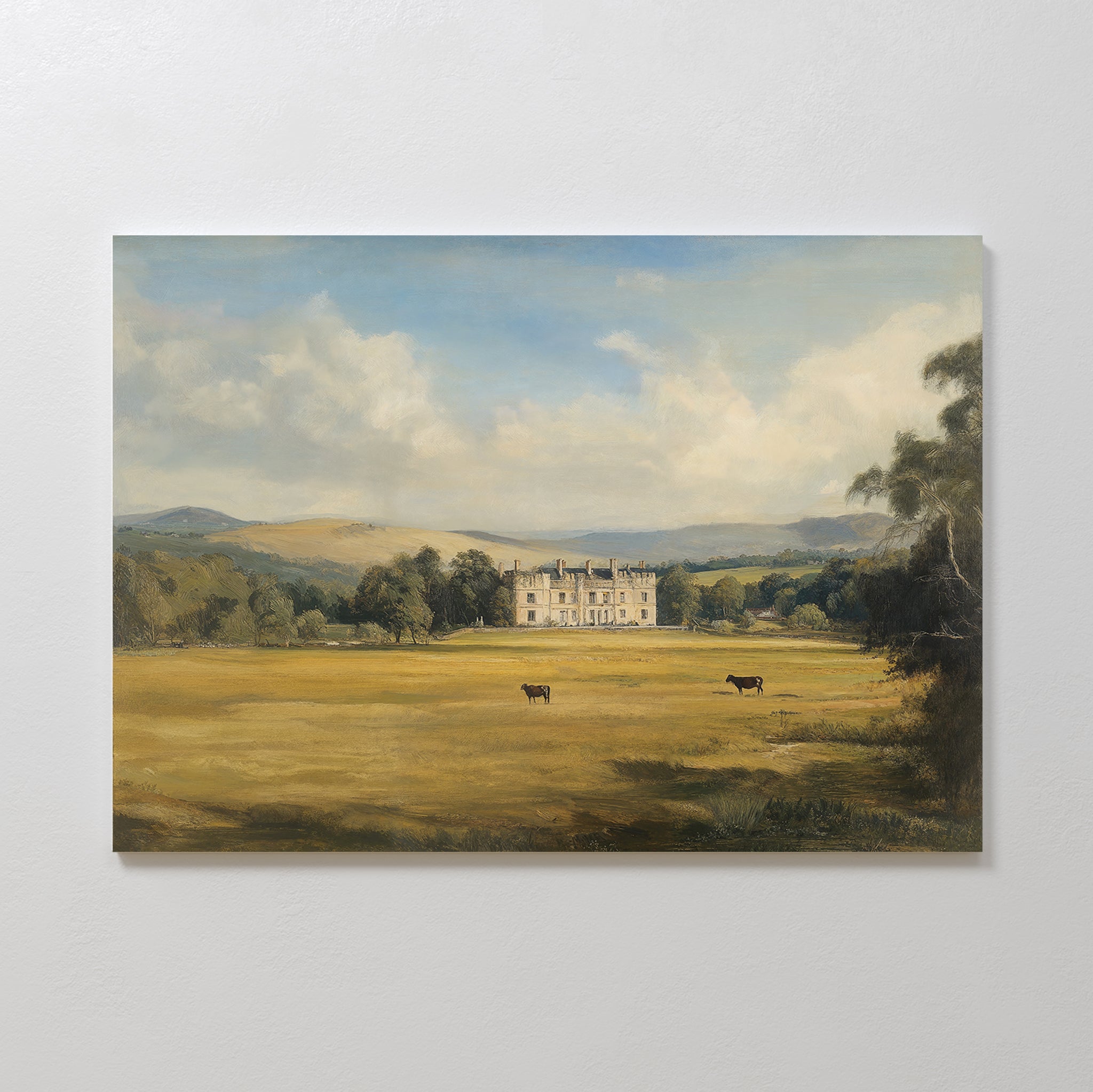 The Countryside Dream Canvas Art features a large white country house among trees in a grassy field with three grazing cows, rolling hills, and scattered clouds—perfect for charming countryside decor.