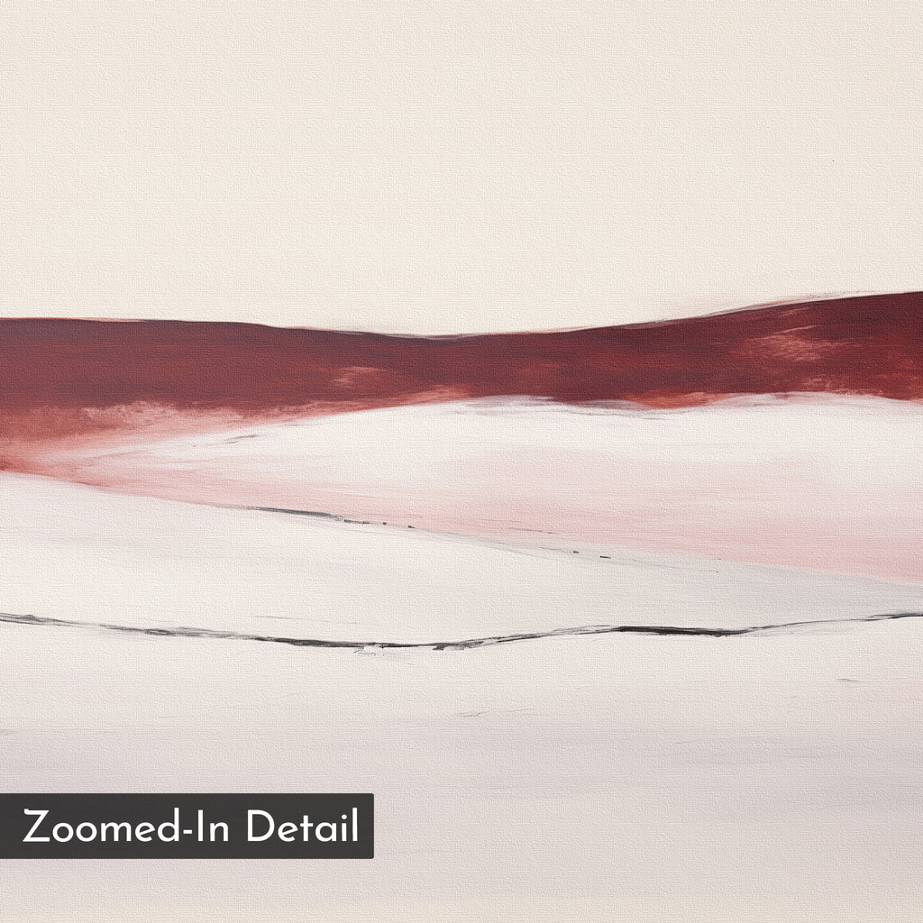 Crimson Horizon Abstract Canvas Art features soft, flowing layers of white, pink, and deep red with a thin black horizontal line. Minimalist wall decor ideal for the living room. “Zoomed-In Detail” appears in the bottom left corner.