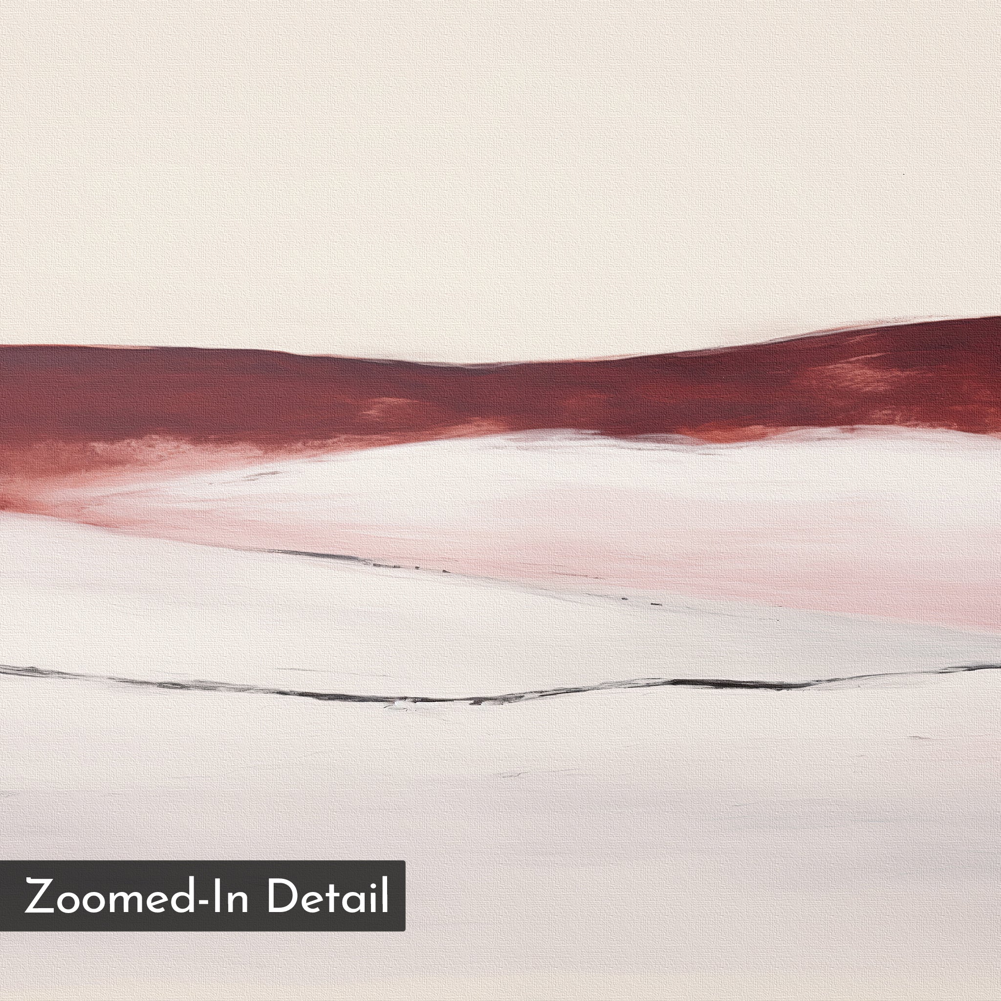 Crimson Horizon Abstract Canvas Art features soft, flowing layers of white, pink, and deep red with a thin black horizontal line. Minimalist wall decor ideal for the living room. “Zoomed-In Detail” appears in the bottom left corner.