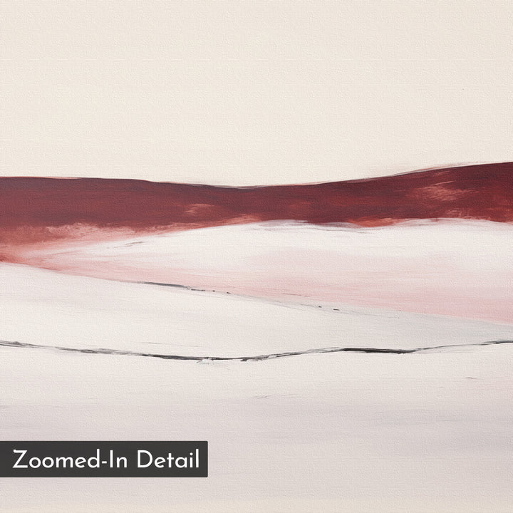 Crimson Horizon Abstract Canvas Art features soft, flowing layers of white, pink, and deep red with a thin black horizontal line. Minimalist wall decor ideal for the living room. “Zoomed-In Detail” appears in the bottom left corner.