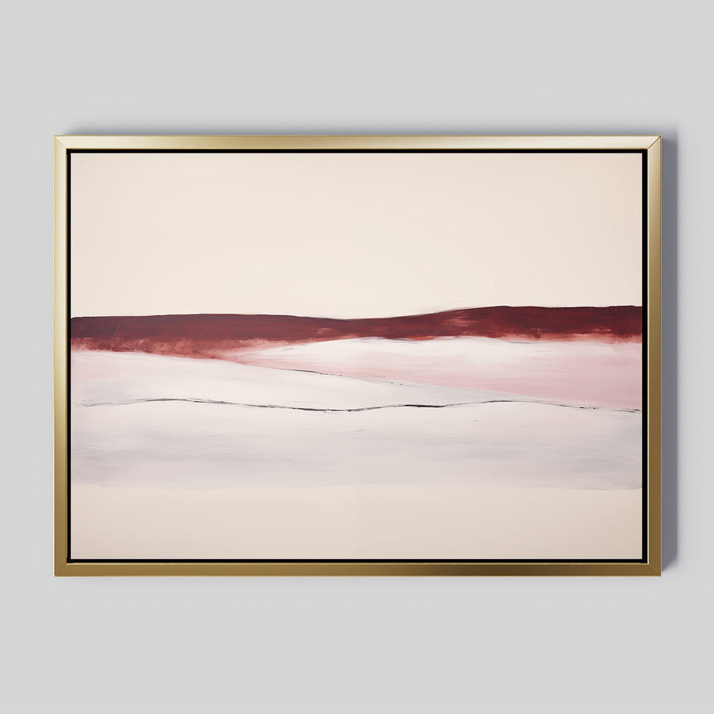 Crimson Horizon Abstract Canvas Art features horizontal maroon, pink, and off-white bands with soft blending and fine dark lines. Framed in gold, its perfect modern wall decor for a contemporary living room with a light gray background.