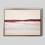Crimson Horizon Abstract Canvas Art features horizontal maroon, pink, and off-white bands with soft blending and fine dark lines. Framed in gold, its perfect modern wall decor for a contemporary living room with a light gray background.