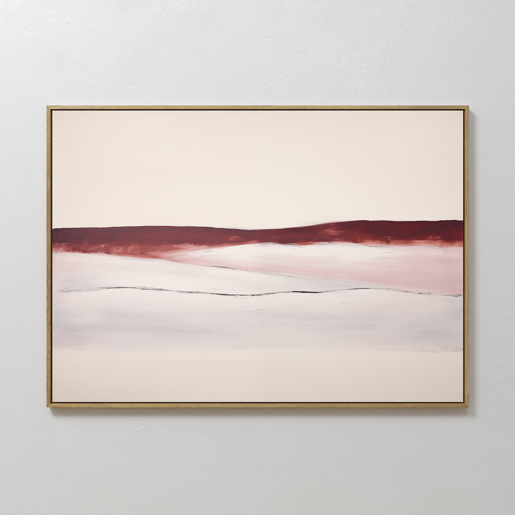 Crimson Horizon Abstract Canvas Art features a minimalist design with a pale cream backdrop, horizontal deep red and soft pink bands, and subtle dark lines. This framed piece makes perfect modern wall art for living room decor.