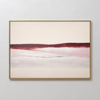 Crimson Horizon Abstract Canvas Art features a minimalist design with a pale cream backdrop, horizontal deep red and soft pink bands, and subtle dark lines. This framed piece makes perfect modern wall art for living room decor.