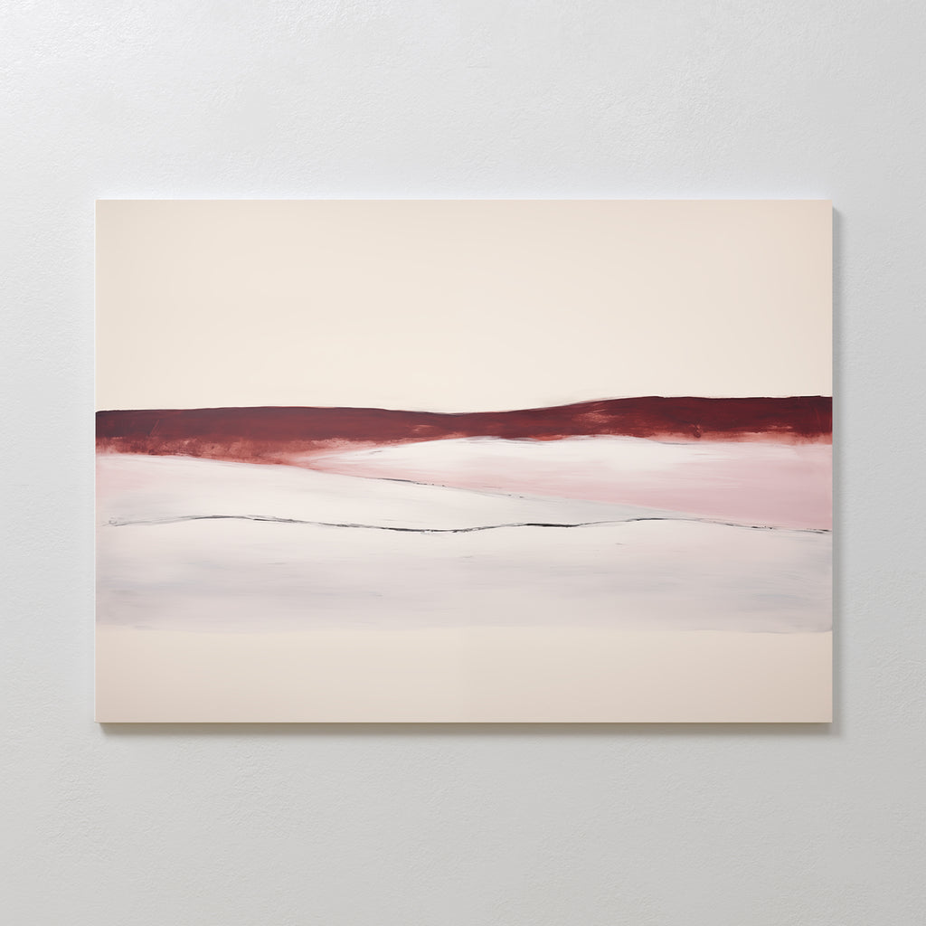 Crimson Horizon Abstract Canvas Art showcases a horizontal band of deep red and pink with dark lines on a beige background, evoking a serene landscape—ideal modern wall art for your living room decor.