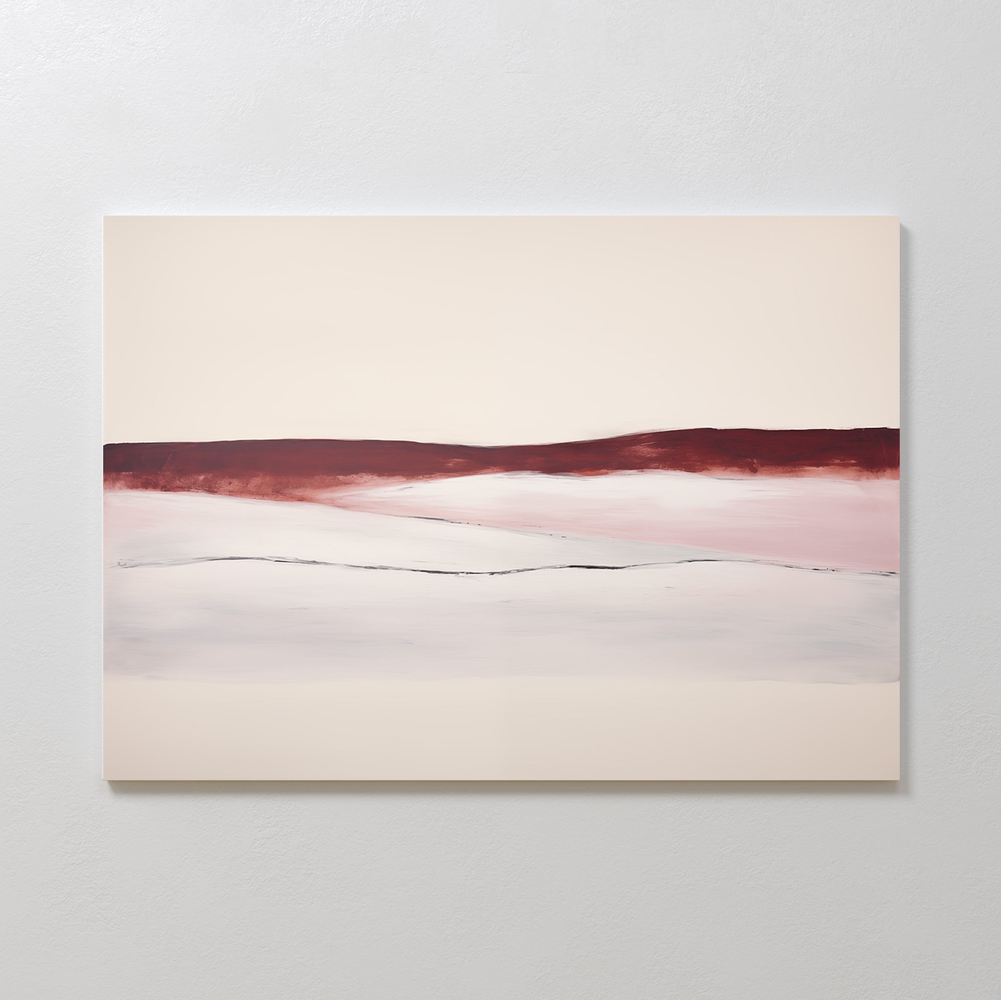 Crimson Horizon Abstract Canvas Art showcases a horizontal band of deep red and pink with dark lines on a beige background, evoking a serene landscape—ideal modern wall art for your living room decor.