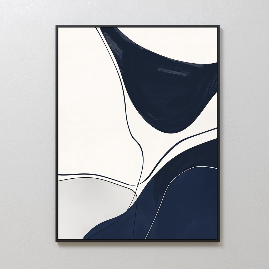 Curved Lines Abstract Canvas Art features minimalist navy blue and white shapes outlined in black, set in a black frame on a light gray wall—an ideal modern touch for your living room decor.