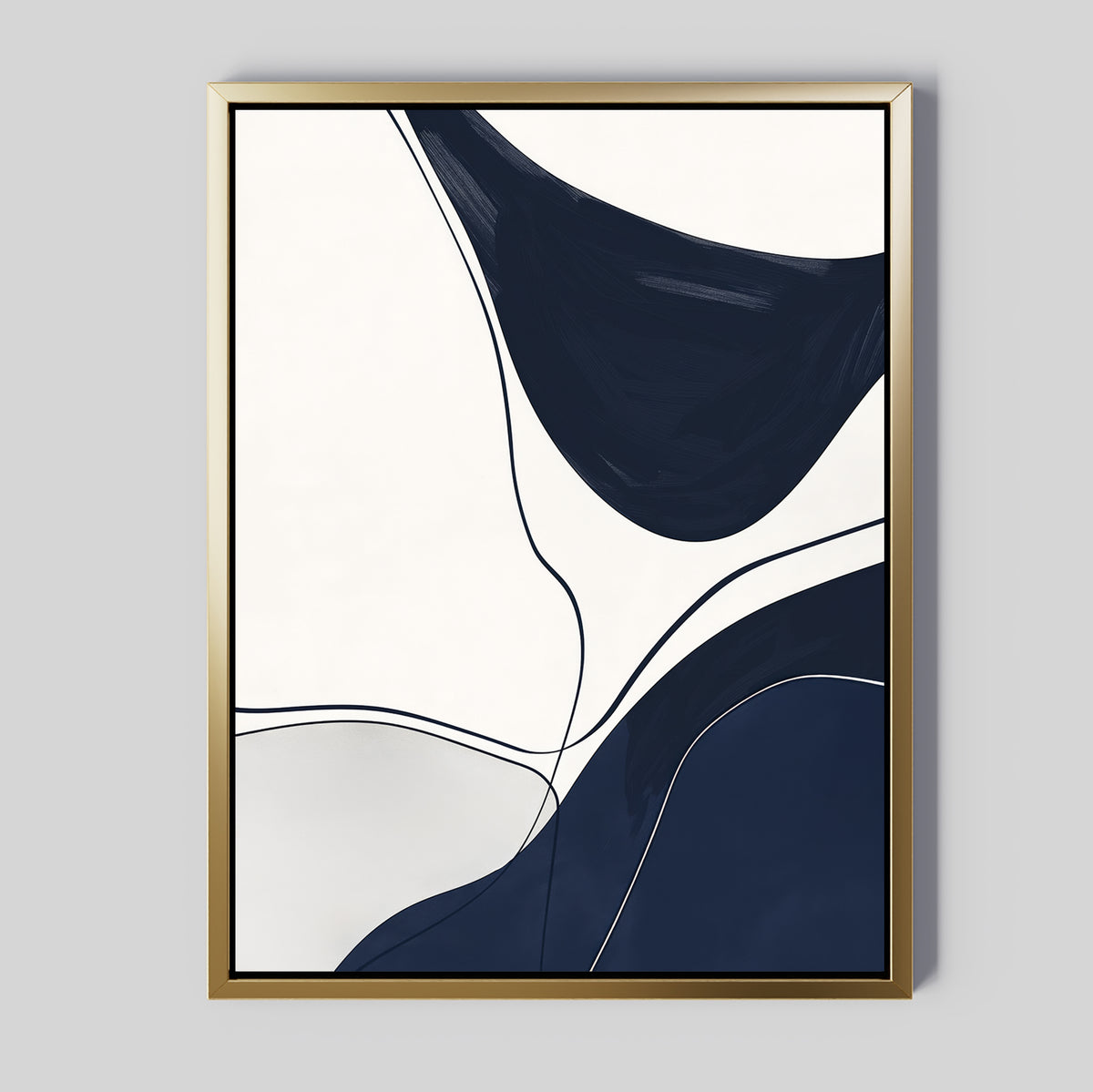 Curved Lines Abstract Canvas Art features bold navy blue and black curves outlined by fine lines on white, framed in gold—a striking modern piece to elevate your living room decor, especially against light gray walls.