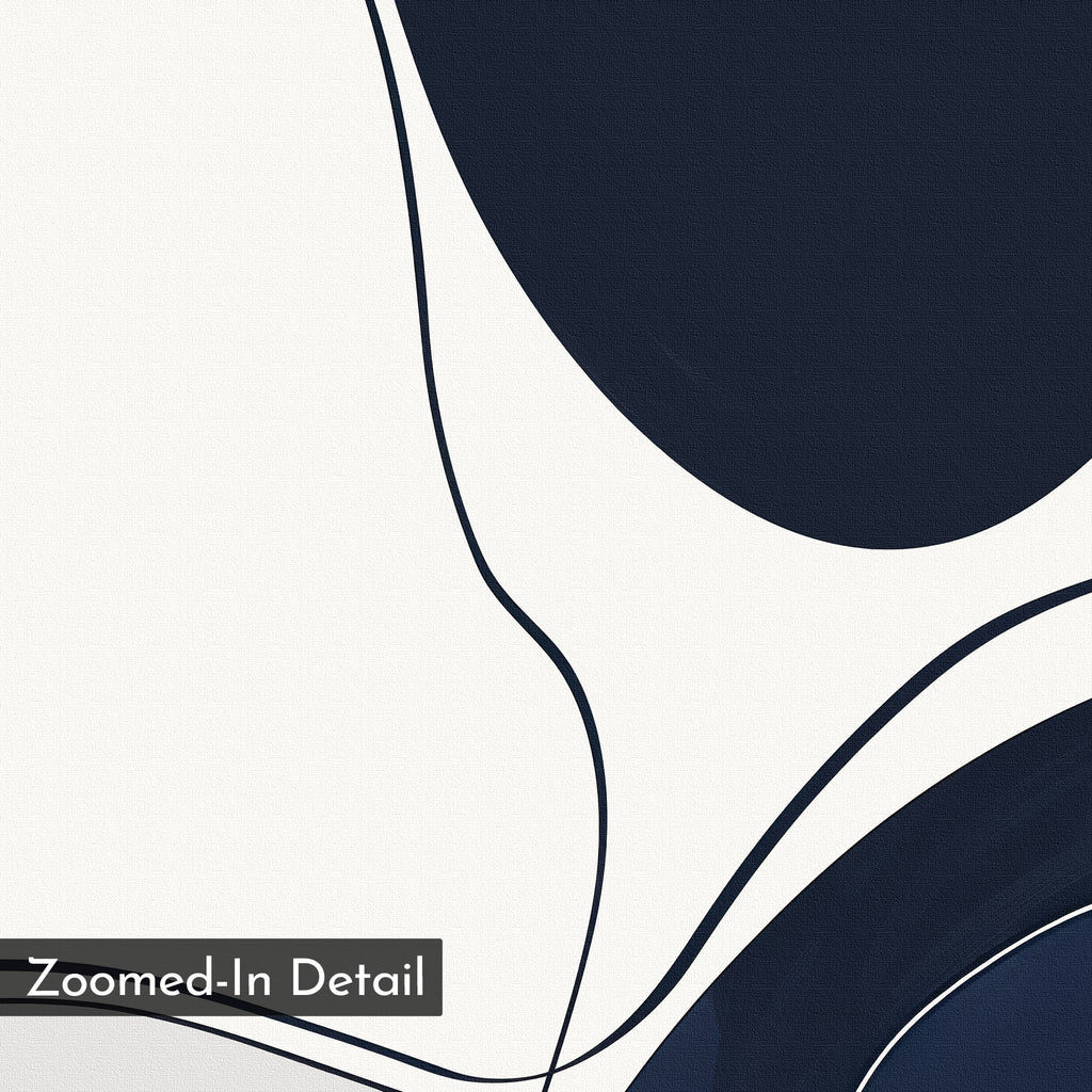 Curved Lines Abstract Canvas Art features bold navy blue and white organic shapes with flowing curves on a canvas-textured background, making it a striking addition to minimalist wall art or living room decor. Label at bottom left: Zoomed-In Detail.