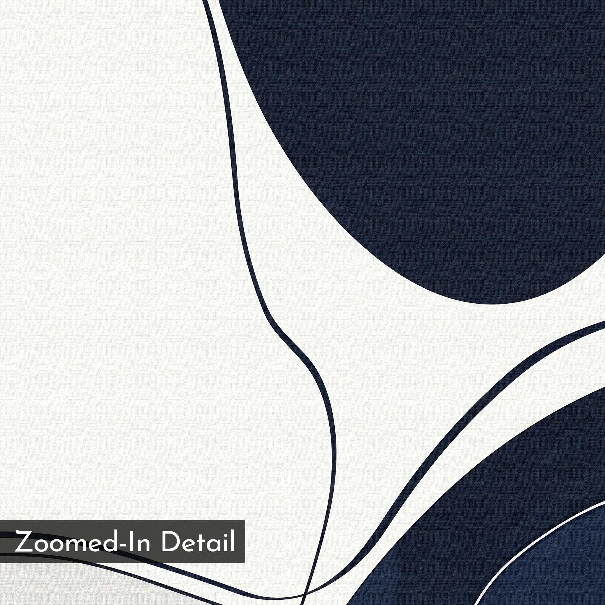 Curved Lines Abstract Canvas Art features bold navy blue and white organic shapes with flowing curves on a canvas-textured background, making it a striking addition to minimalist wall art or living room decor. Label at bottom left: Zoomed-In Detail.