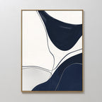 Curved Lines Abstract Canvas Art features bold navy blue and black organic shapes with thin black outlines on a white background in a simple wooden frame—ideal minimalist wall decor for modern living rooms.