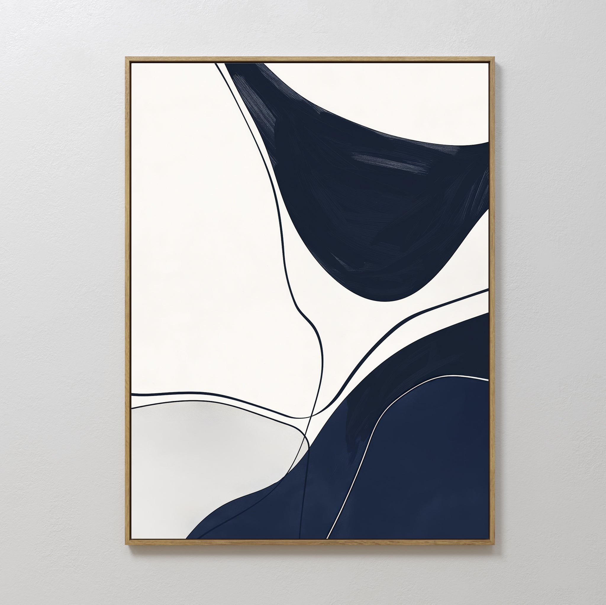 Curved Lines Abstract Canvas Art features bold navy blue and black organic shapes with thin black outlines on a white background in a simple wooden frame—ideal minimalist wall decor for modern living rooms.