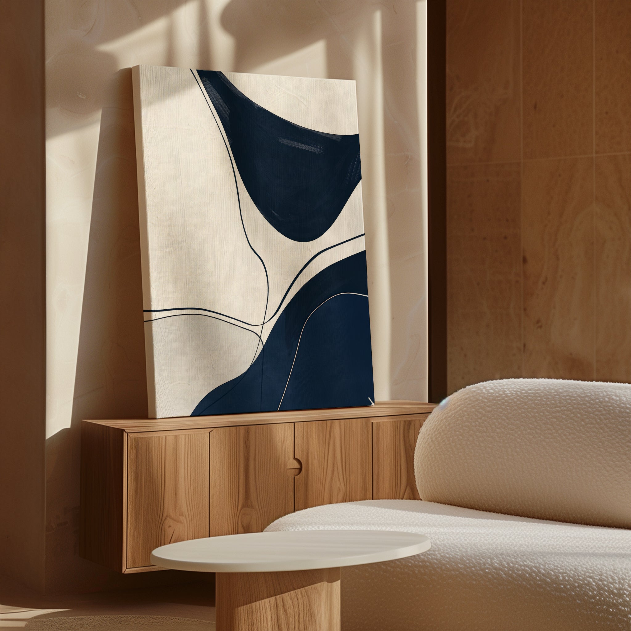 The Curved Lines Abstract Canvas Art, with its dark blue and black curves on a light canvas, adds a modern touch to your living room decor—perfect above a wooden console in a sunlit, minimalist space with a white textured sofa.