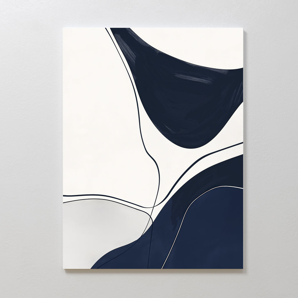 Curved Lines Abstract Canvas Art features curved navy blue and white shapes with thin black lines, creating minimalist wall art on a rectangular canvas—ideal for stylish living room decor.